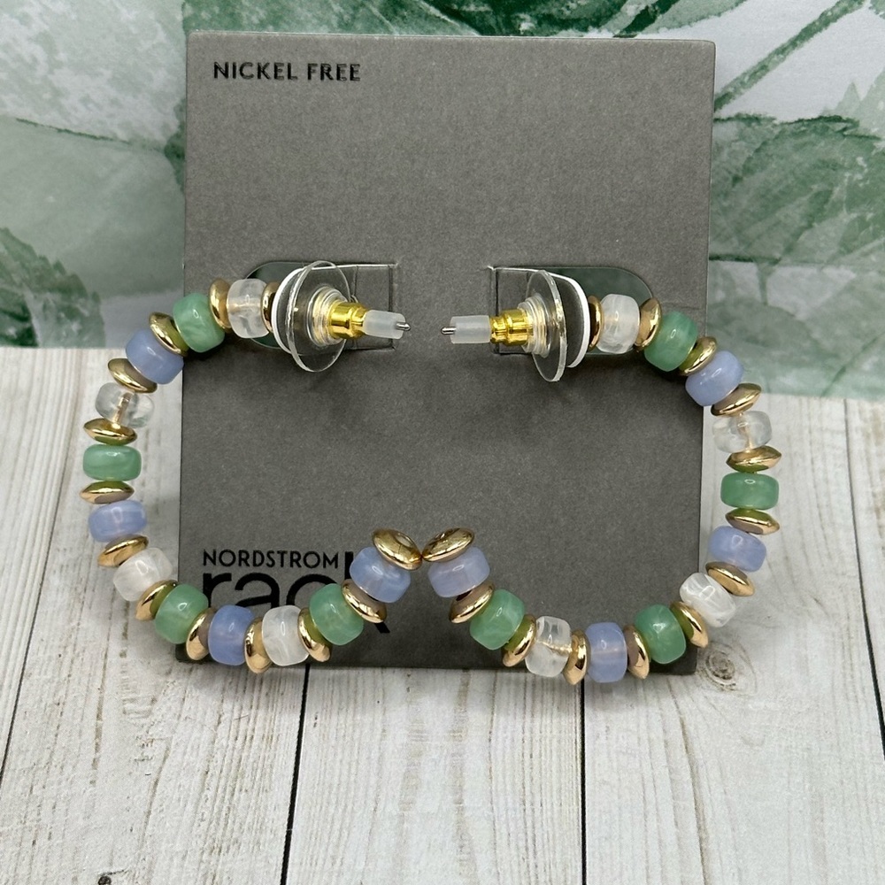 NWT Nordstrom Rack Goldtone/Green/Blue Hoop Earrings - Picture 6 of 6